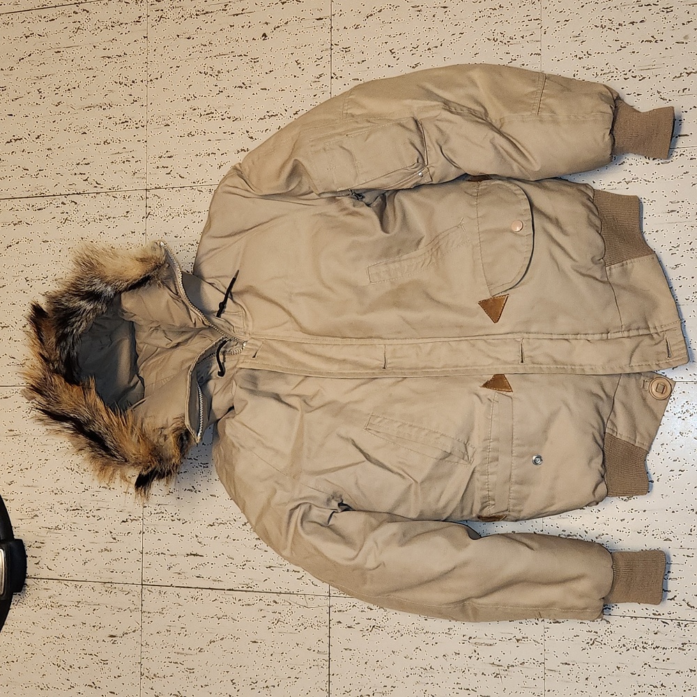 Canadian Trail By The Bay Tan Down Filled Winter Bomber Jacket With Fur Hood